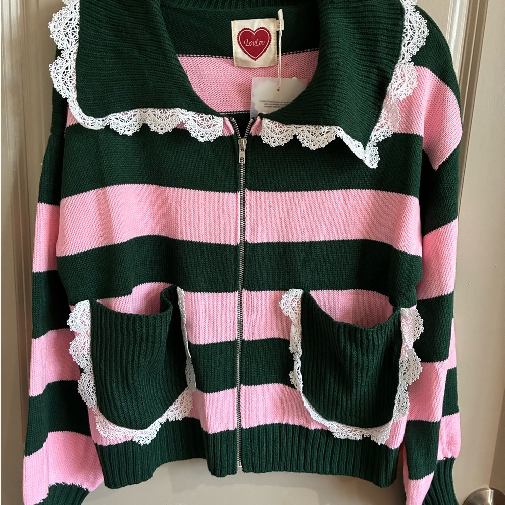 Green and Pink Striped Cardigan with Lace Trim